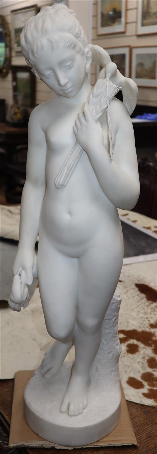 A marble figure of a nude female, a bird on her shoulder, signed Bouzadou (?), height 75cm